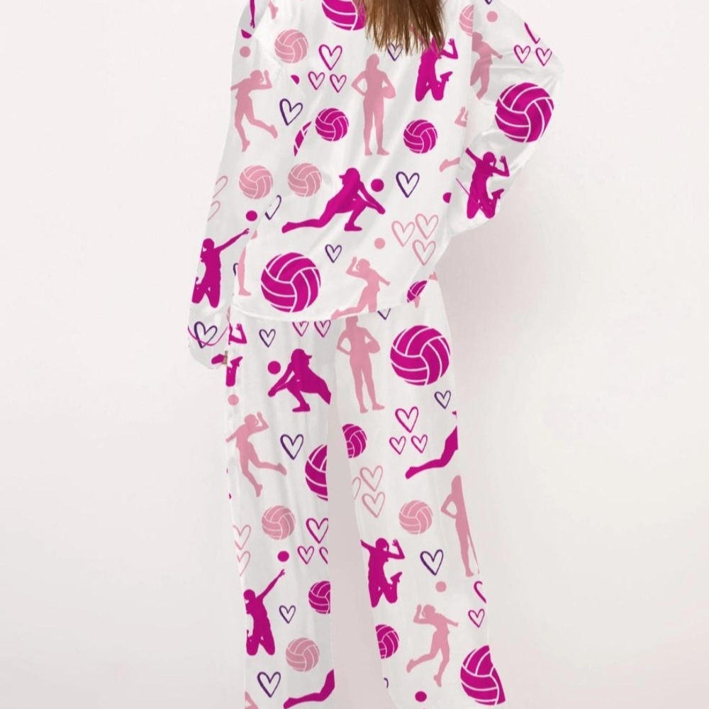 Womens Volleyball-Themed Pajama Set - Pink and White